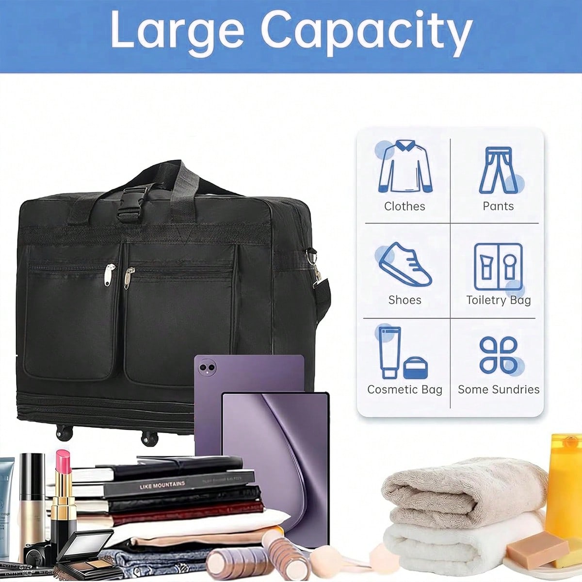 바퀴가 달린 검은색 여행용 더플 백, 확장 및 접이식으 - Foldable Rolling Luggage Bag 리뷰 및 가격